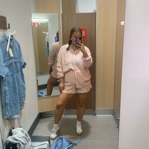 Striped Pink and White Button-Up Shirt and Shorts Set